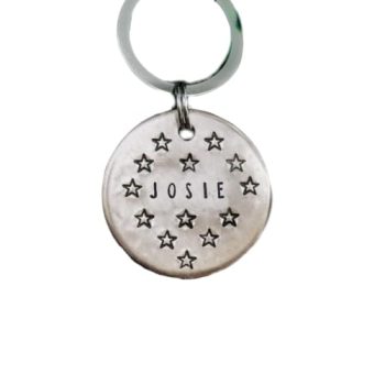 Carrie Clover Key ring Pet Dog or Cat Name Tag ID identification Personalized Dog ID Tag with star design, Cat ID Pet Tag, Hand stamped Engraved, Dog Collar Tag, Pet Name Tag, Celestial Pet ID tag