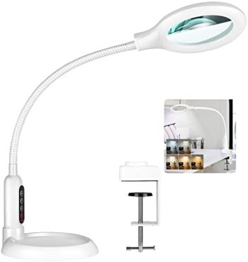 TOMSOO 5X Magnifying Glass with Light and Clamp, 5 Color Modes Stepless Dimmable Lighted Magnifier with Stand, Flexible Gooseneck LED Desk Lamp Hands Free for Craft Painting Hobby Close Work