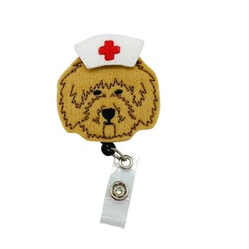 Golden Doodle Nurse Badge Reel, Retractable Dog RN ID Holder, Pet Puppy Name Tag Clip (carabiner)