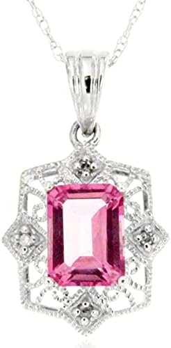 Jewelry Bliss 10k White Gold Pink Topaz Genuine Gemstone and Diamond Pendant Necklace For Women 18 Inch Chain