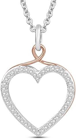 Jewelili Sterling Silver and 10K Rose Gold 1/5 Cttw Natural White Round Diamond Open Heart Pendant Necklace, 18″ Cable Chain