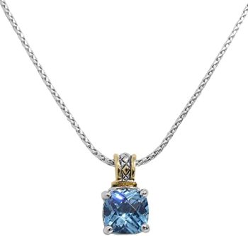 John Medeiros Beijos Cor 10x10mm Cushion Cut Pendant Necklace with Aqua CZ Stone, Adjustable Jewelry Necklace, Elegant Everyday Necklace for Women and Teen Girls