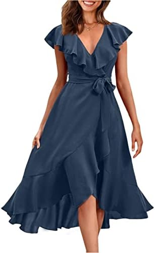 PRETTYGARDEN Women’s 2023 Summer Wrap Maxi Dress Casual Boho Deep V Neck Short Sleeve Ruffle Hem Split Beach Long Dresses