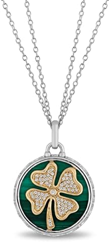 Jewelili 14K Yellow Gold and Sterling Silver 16 MM Malachite with 1/10 Cttw Natural White Round Diamond Clover Pendant Necklace 18″ Cable Chain