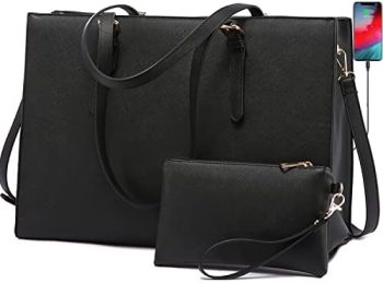 LOVEVOOK Laptop Bag for Women, Fashion Computer Tote Bag Large Capacity Handbag, Leather Shoulder Bag Purse Set, Professional Business Work Briefcase for Office Lady 2PCs, Fit 15.6 Inch Laptop, Black