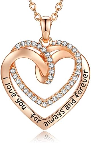 CDE Heart Pendant Necklaces for Women 18K Rose Gold Plated Jewelry for Girls 925 Sterling Silver Cubic Zirconia Necklace Jewelry Gifts for Mom Wife Girlfriend Her Valentine’s Mother’s Day Birthday Anniversary