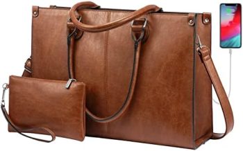 LOVEVOOK Laptop Bag for Women, 15.6 inch Laptop Tote Work Bags with USB Charging Port, Vintage Leather Computer Bag