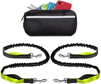 Hands Free Dog Leash for 2 Dogs, Waist Dog Leash with Poop Bag Dispenser Pouch for Running Walking Training Hiking, Adjustable Waist Belt, Reflective Bungee, Shock Absorbing