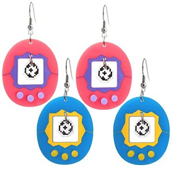 Vintage Style Virtual Digital Pet Toy in Blue Or Pink Pixel Egg Shaped Toy Inspired Big Dangle Earrings 90s Jewelry