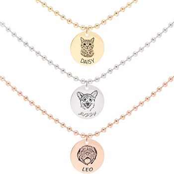 MignoandMignon Personalized Pet Portrait Necklace, Handmade Dog Memorial Gift, Pet Necklace for Dogs Cats, Pet Photo Engraved Necklace for Animal Lover, Dog Mom, Dog Dad, Ball Chain Necklace -B-LCN-AP