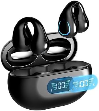 EUQQ Open Ear Clip Headphones, Wireless Earbuds Bluetooth 5.3, Sports Earbuds Built-in Microphone with Earhooks & Ear Hook, Wireless Charging Case & Display, Waterproof Fitness Earbuds for Running