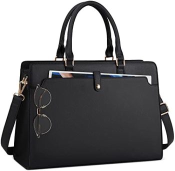 Laptop Bag for Women 15.6 Inch Laptop Tote Bag Leather Work Bag Waterproof Womens Briefcase Business Office Computer Tote Bag Large Capacity Handbag Shoulder Bag Black