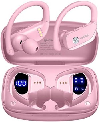 bmanl Wireless Earbuds Bluetooth Headphones 48hrs Play Back Sport Earphones with LED Display Over-Ear Buds with Earhooks Built-in Mic Headset for Workout Pink BMANI-VEAT00L