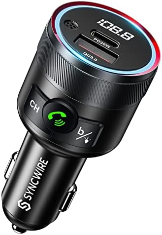 Syncwire Bluetooth 5.1 FM Transmitter for Car, 38W PD & QC3.0 Fast Car Charger Wireless Bluetooth FM Radio Adapter Bass Sound Music Player FM Car Kit with Hands-Free Calling Support USB Drive