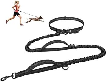 Hands Free Dog Leash with Adjustable Waist Belt, Dual Handle Elastic Bungees Retractable Rope for Medium and Large Dogs, Reflective Stitches for Walking Running Hiking Biking(Large, 25-150 lbs, Black)