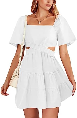 ANRABESS Women Summer Square Neck Short Sleeve Cutout Crossover Waist Casual Party Tiered A-Line Mini Dress