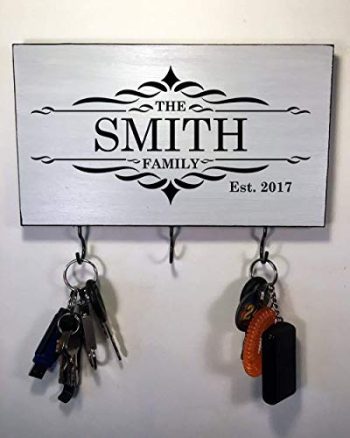 Wall Mounted Keyholder with Antique Brass Hooks, holds keys, masks, dog or pet leash – personalize it with a monogram or custom design (Family Name)