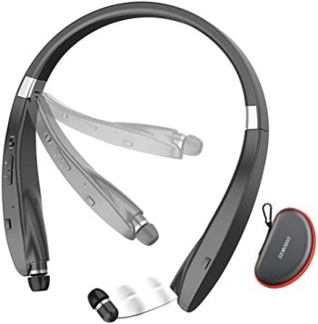 Bluetooth Headset, 2023 Upgraded Foldable Bluetooth Headphones with Retractable Earbuds, Noise Cancelling Stereo Earphones with Mic, Wireless Neckband Headphones for Sports Workout Gym with Carry Case