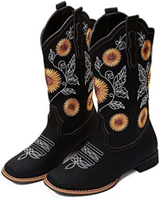 gloryinterest Cowboy Boots for Women Mid Calf Cowgirl Western Boots Sunflower Embroidery Stitched Square Toe Low Heel Black Brown Yellow US6-10.5