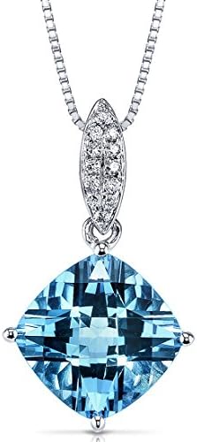 Peora Swiss Blue Topaz and Diamond Pendant for Women 14K White Gold, Genuine Gemstone Birthstone, 3.50 Carats Cushion Cut 9mm, with 18 inch Chain