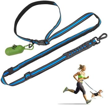 LONGYUEYC Hands Free Dog Leash for Medium and Large Dogs, Bungee Dog Leash with Reflective Stitches, Waist Leash for Dog Walking Running Jogging (Blue)