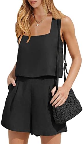 ANRABESS Womens 2 Piece Outfits Linen Square Neck Crop Short Set Lounge Matching Sets 2023 Trendy Clothes Beach Summer