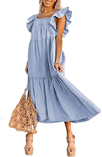 Dokotoo Women’s 2023 Spring Summer Square Collar Dress Off Shoulder Style Elegant Ruffle Hemline Skirt Mini Dresses S-XL