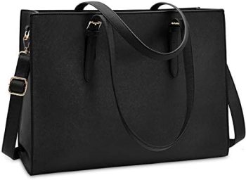 Laptop Bag for Women Waterproof Lightweight Leather 15.6 Inch Computer Tote Bag Business Office Briefcase Large Capacity Handbag Shoulder Bag Professional Office Work Bag Black