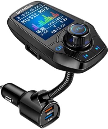 Bluetooth FM Transmitter for Car Wireless Radio Adapter Kit W 1.8″ Color Display Hands-Free Call AUX in/Out SD/TF Card USB Charger QC3.0 for All Smartphones Audio Players – RM100 Black