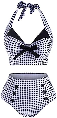 DRESSFO Women’s Bikini Set Halter Two Piece High Waisted Swimsuit Plaid Retro Tummy Control Tankini Bathing Suit