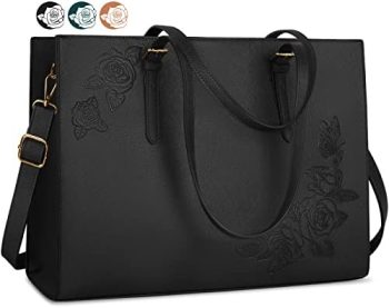 Laptop Bag for Women 15.6 Inch Laptop Tote Bag Leather Waterproof Work Bags Professional Business Office Computer Briefcase Large Capacity Shoulder Bag Black