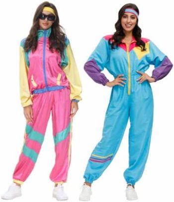 COREWO Womens 80s Tracksuit Retro Hip Hop Windbreaker Women Disco Tracksuit Sets Colorblock One Piece Outfits Set