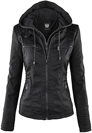 Lock and Love Women’s Removable Hooded Faux Leather Jacket Moto Biker Coat