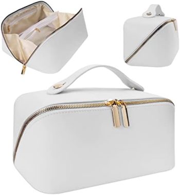 2022 New Travel Cosmetic Bag for Women?PU Leather Waterproof Portable with Handle and Divider?Hanging Travel Toiletry Bag Large Capacity Cosmetic (White)