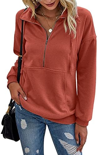 PRETTYGARDEN Women’s Casual Long Sleeve Zipper Sweatshirt Drawstring Loose Quarter Zip Pullover Tops with Pockets