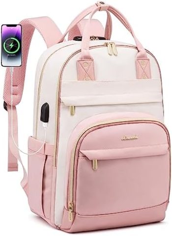 LOVEVOOK Laptop Backpack Women, Fits 15.6 Inch Laptop Bag, Fashion Travel Work Anti-theft Bag with Lock, Business Computer Waterproof Backpack Purse, University Backpacks, Beige-Pink-Pink