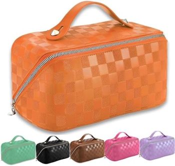 Large Capacity Travel Makeup Bag for Women, Portable Cosmetic Bag organizer, Water-resistant PU Leather Travel toiletry bag for Travel, Gifts, and Daily Use (Orange)