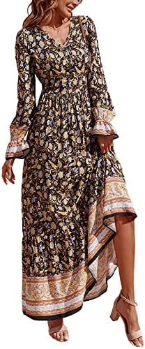 PRETTYGARDEN Long Sleeve Maxi Dress for Women – V Neck Casual Button Down Boho Floral Print Fall Long Dresses