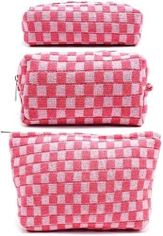 Tucepu 3 Pieces Makeup Bag, Large Travel Cosmetic Bags for Women, Checkered Cosmetic Bag, Pink Makeup Bag Travel Organizer Storage Makeup Brushes Storage Bag for Women