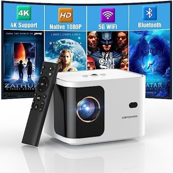 [Electric Focus] 5G WiFi Mini Bluetooth Projector 4K Support, 300 ANSI HD 1080P Portable Video Projector, ±40° Vertical Keystone|Zoom|Timer, DBPOWER Smartphone Projector Outdoor Movie for PC/TV(White)