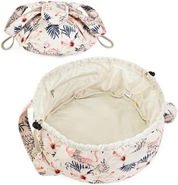 Barrel Drawstring Makeup Bag Large Cosmetic Bag Toiletry Organizer for Women (Beige Bird)