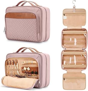 Travel Hanging Toiletry Bag for Women, Extra Large Makeup Bag, Holds Full-Size Shampoo, with Jewelry Organizer Compartment, Waterproof Cosmetic Bag, Toiletries Kit Set with Trolley Belt, Baby Pink