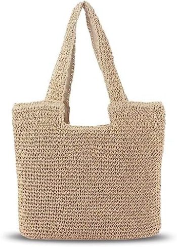 Erhuoxz Straw Shoulder Tote Bag for Women, Woven Beach Tote Bag with Zipper Large Summer Handbag Boho Bag