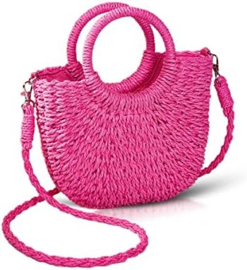 QTKJ Mini Semi-circle Rattan Straw Bag, Hand-woven Women Summer Retro Beach Tote Shoulder Bag Crossbody Travel Beach Bag