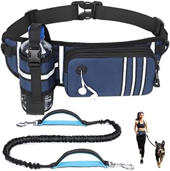 Hands Free Dog Leash with Zipper Pouch Dog Running Leash with Waist Bag for Small Medium Large Dogs Adjustable Bungee Leash with Dual Padded Handles Jogging Walking Training (Blue)