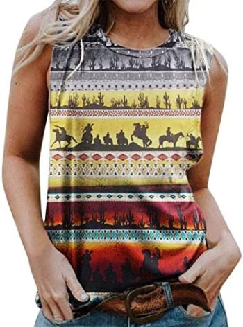 CGGMVCG Women’s Tank Tops Western Ethnic Style Pattern Printed V Neck T Shirt Western Style Sleeveless Shirts for Women