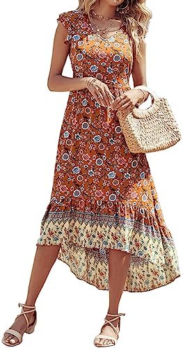 PRETTYGARDEN Women’s Summer Maxi Dress Casual Floral V Neck Cap Sleeves Boho High Low Flowy Midi Long Sun Dresses