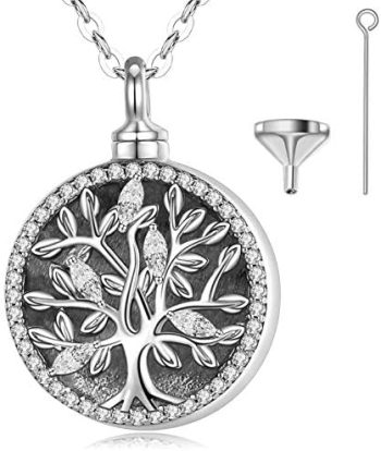 EUDORA Sterling Silver Tree of Life Cremation Necklace, Personalized CZ Stones Urns Neckless for Human Pet Ashes, Memorial Jewelry Keepsake, 20 inches Chain