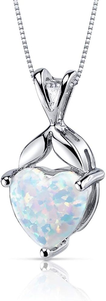 Peora Created White Fire Opal Pendant Necklace 925 Sterling Silver, Classic Solitaire, 2.50 Carats Heart Shape 9mm with 18 inch Chain