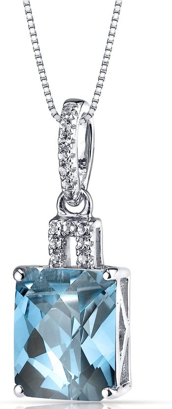 Peora Swiss Blue Topaz Pendant for Women 14K White Gold with White Topaz, Genuine Gemstone Birthstone, 3.50 Carats Radiant Cut 10x8m, with 18 inch Chain